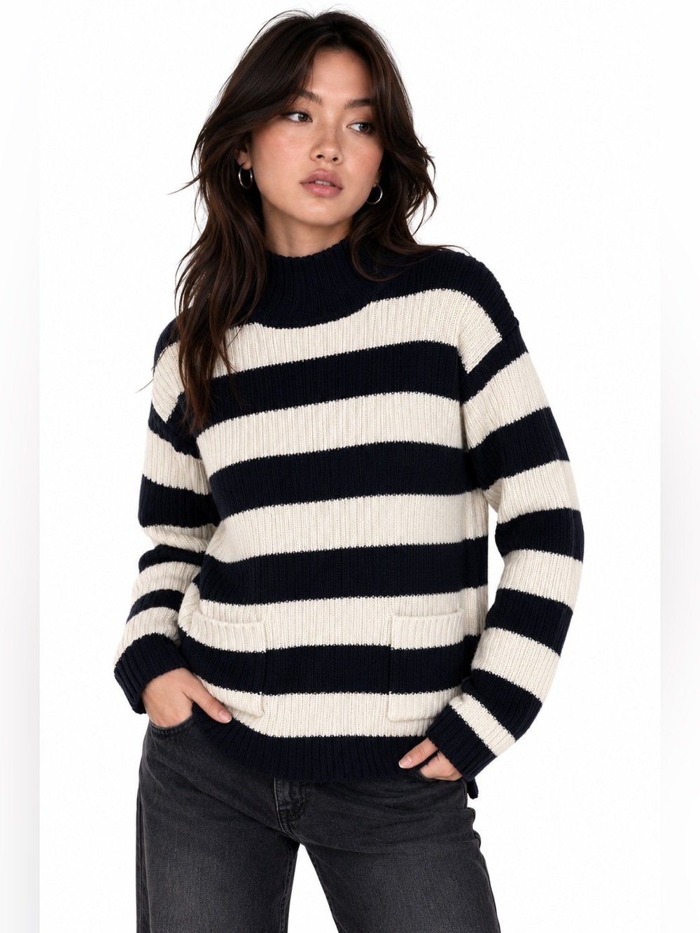Lauren ralph lauren roll neck chunky cable knit 1990s ribbed striped pullover